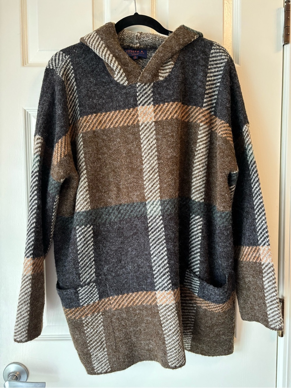 Joseph A. Hooded Plaid Tunic Sweater in Brown and Gray